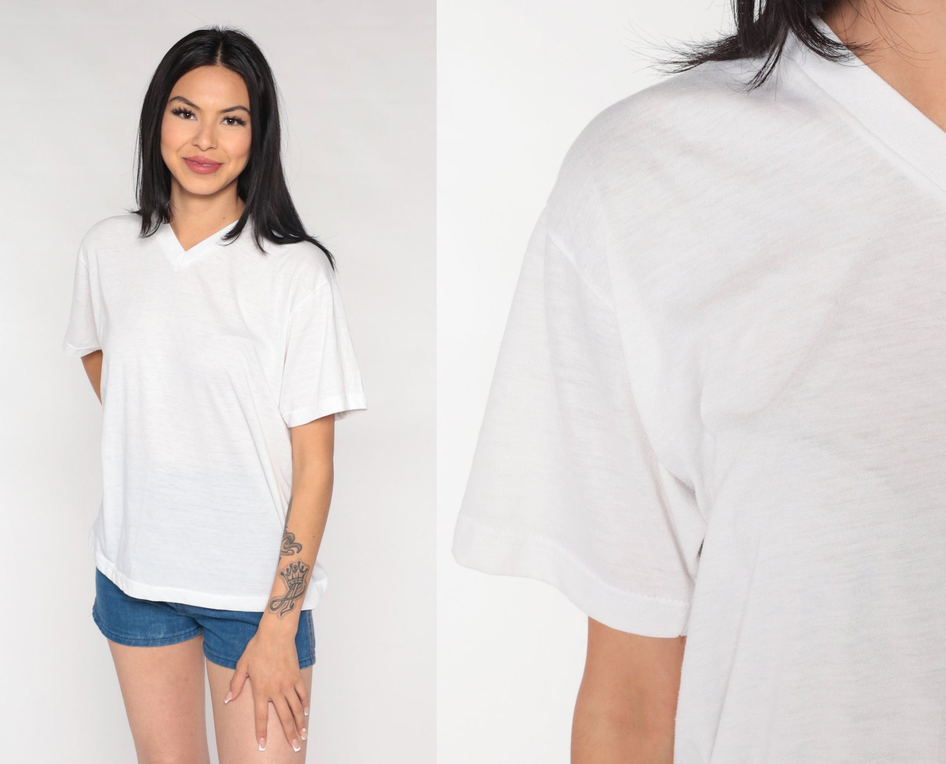 90s White V-Neck T-Shirt Cotton Blend Plain Tee Medium Large