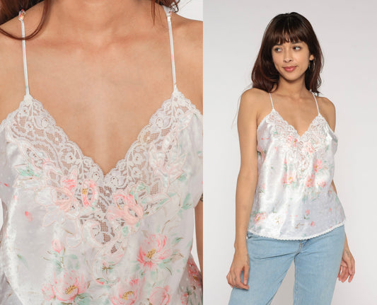 00s Floral Dot Camisole Lace Trim Tank Top White Large L