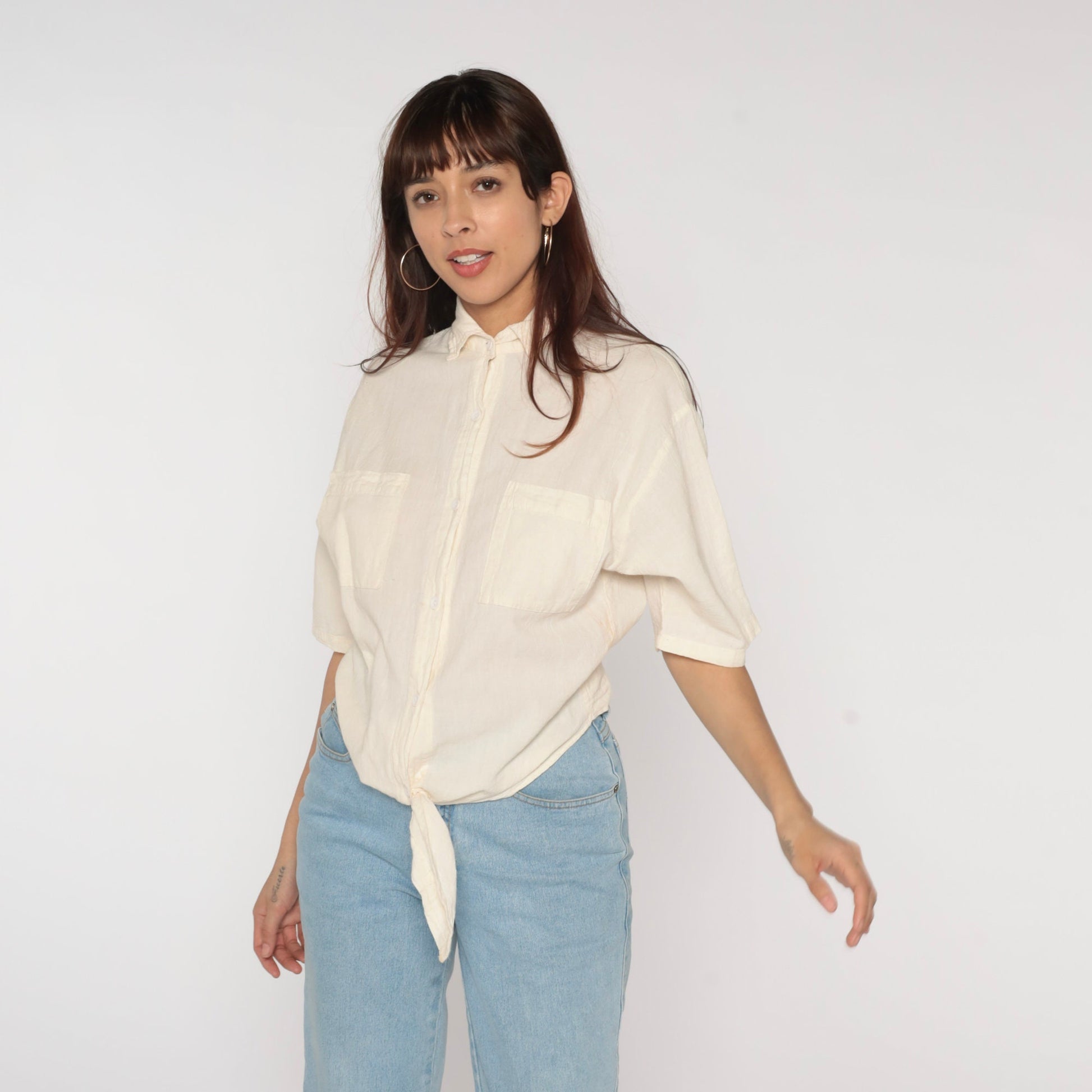 90s Tie Front Blouse Cream Cotton Button Up Short Sleeve Small