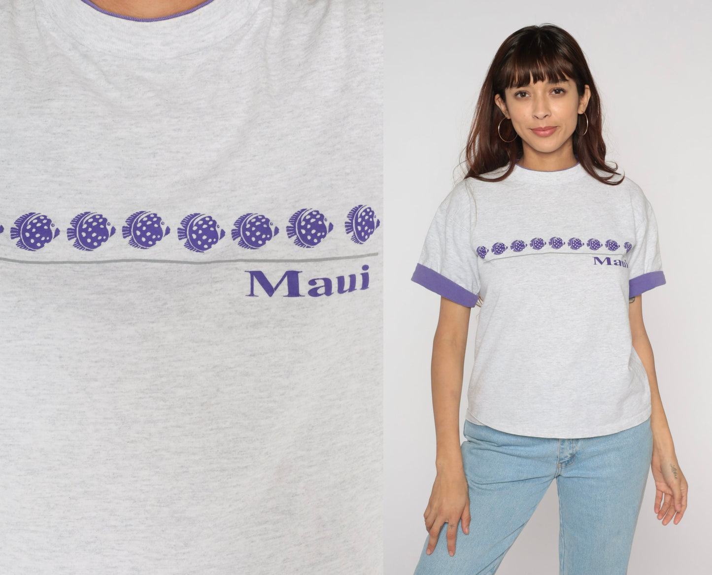 90s Maui Tropical Fish Graphic T-Shirt Grey Purple Cuffed Sleeve Medium