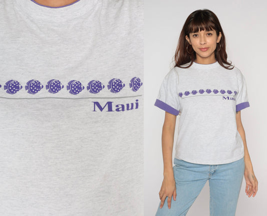 90s Maui Tropical Fish Graphic T-Shirt Grey Purple Cuffed Sleeve Medium