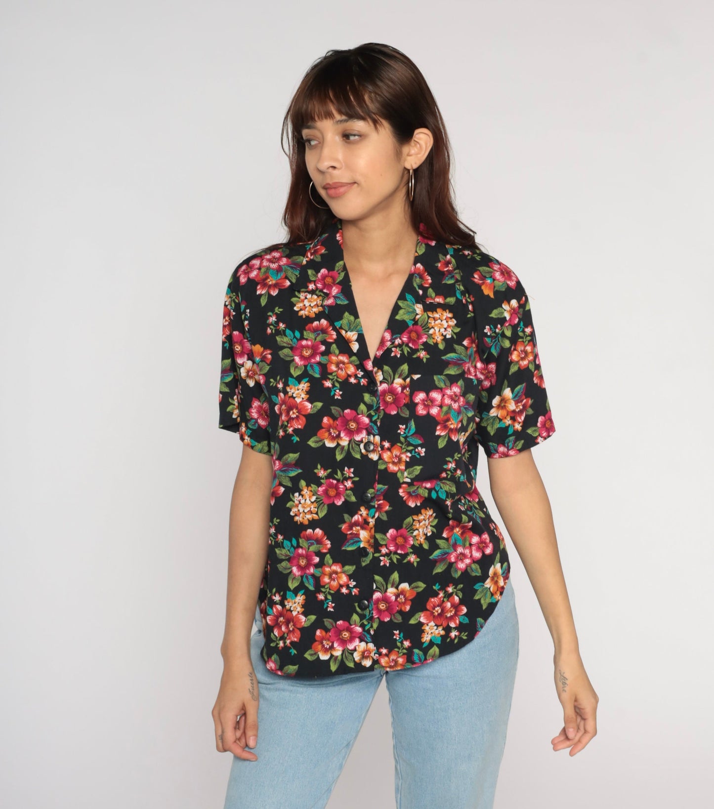 Y2K Black Floral Button-Up Blouse Short Sleeve Collared Shirt Medium M