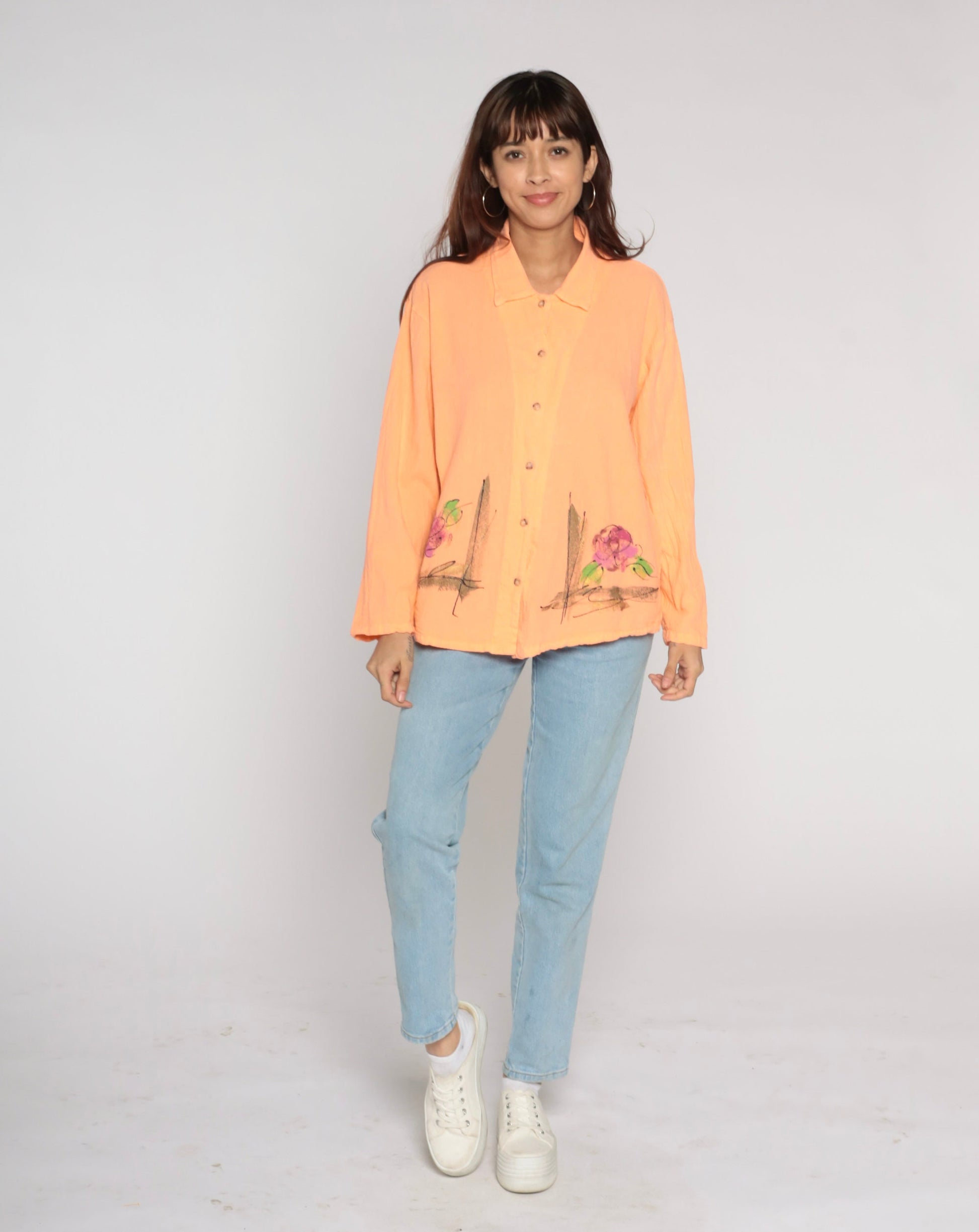 00s Rose Print Peach Floral Button-Up Blouse Cotton Long Sleeve Medium M