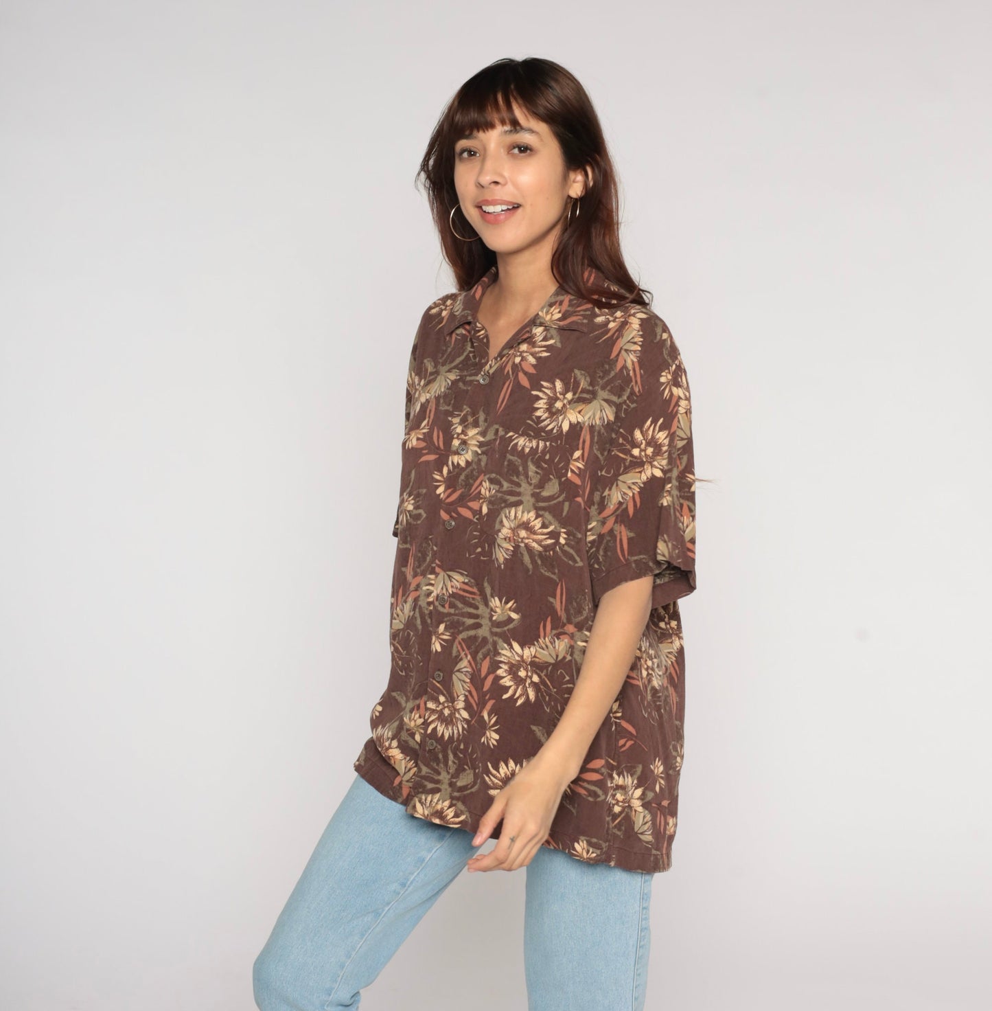 Y2K Geoffrey Beene Floral Leaf Print Silk Blend Button-Up Shirt Brown Large