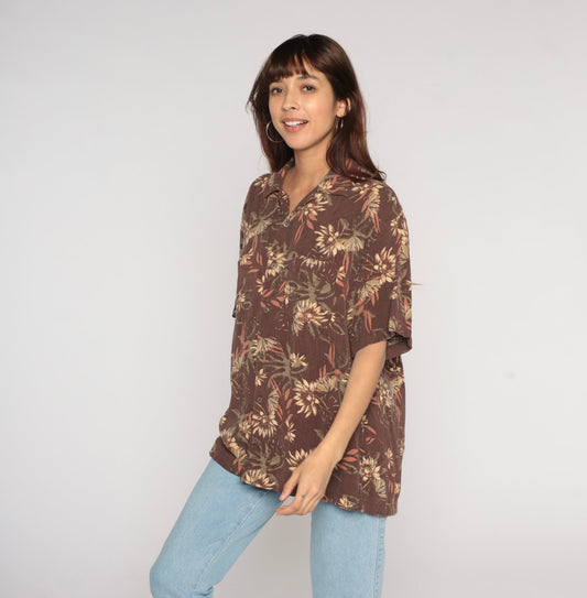 Y2K Geoffrey Beene Floral Leaf Print Silk Blend Button-Up Shirt Brown Large