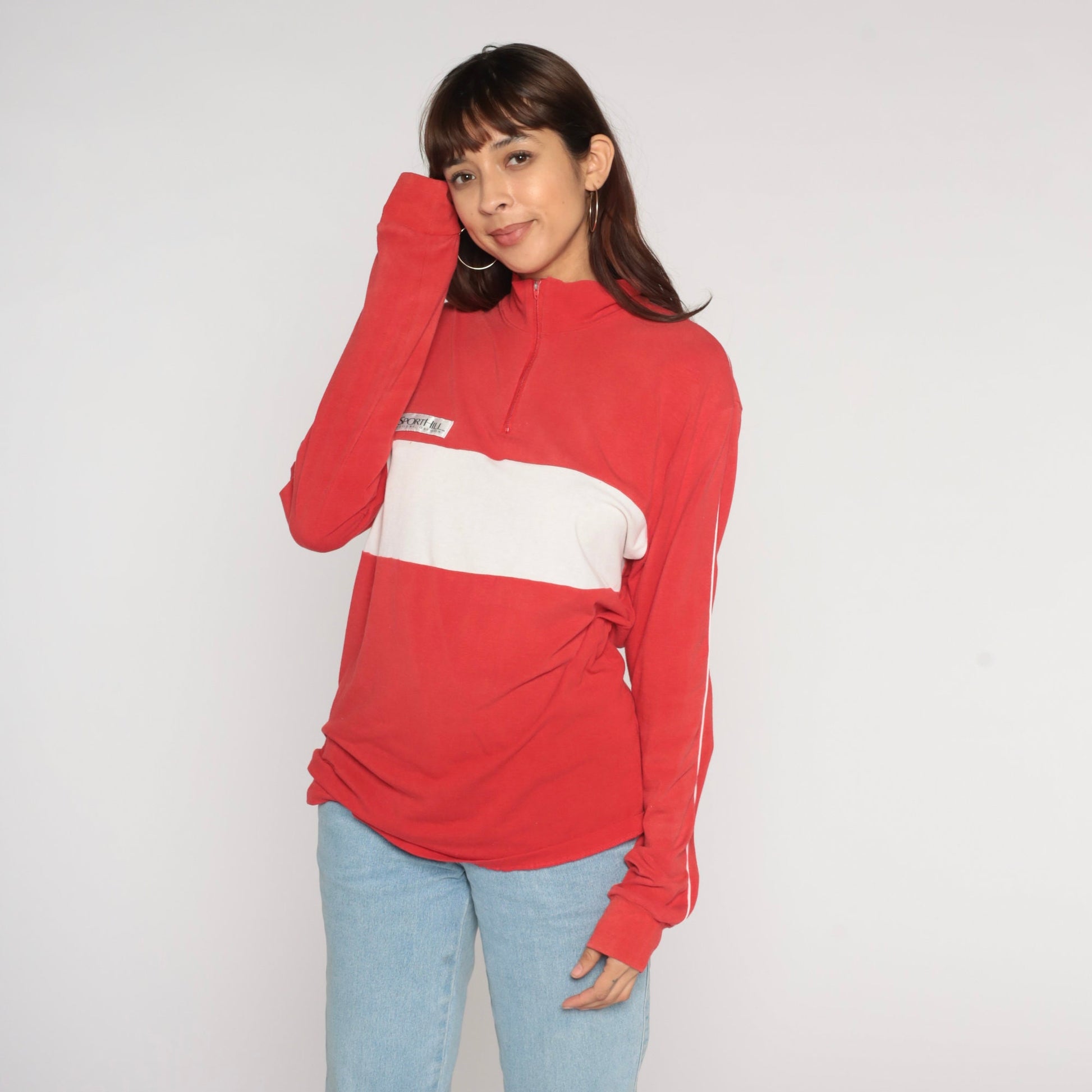 90s Sporthill Quarter Zip Long Sleeve Shirt Red White Stripe Large L
