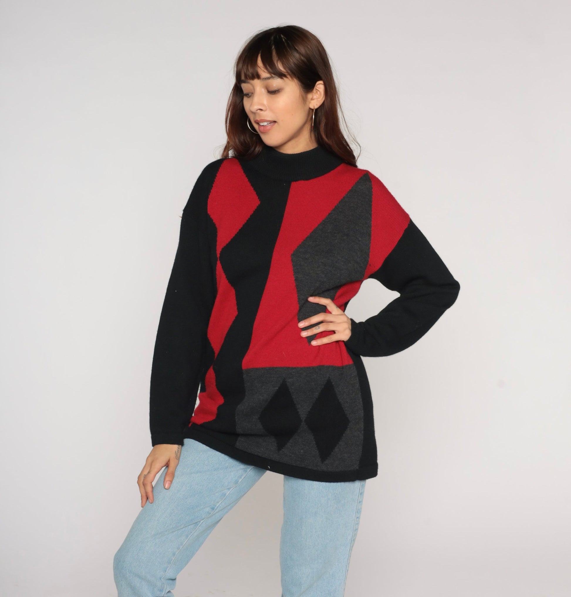 90s Merino Wool Diamond Harlequin Sweater Mock Neck Black Red Charcoal Medium M