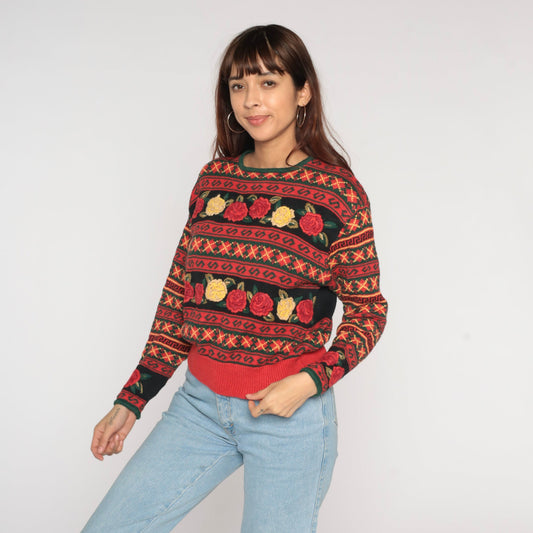 90s Herman Geist Black Red Floral Embroidered Argyle Knit Sweater Large L