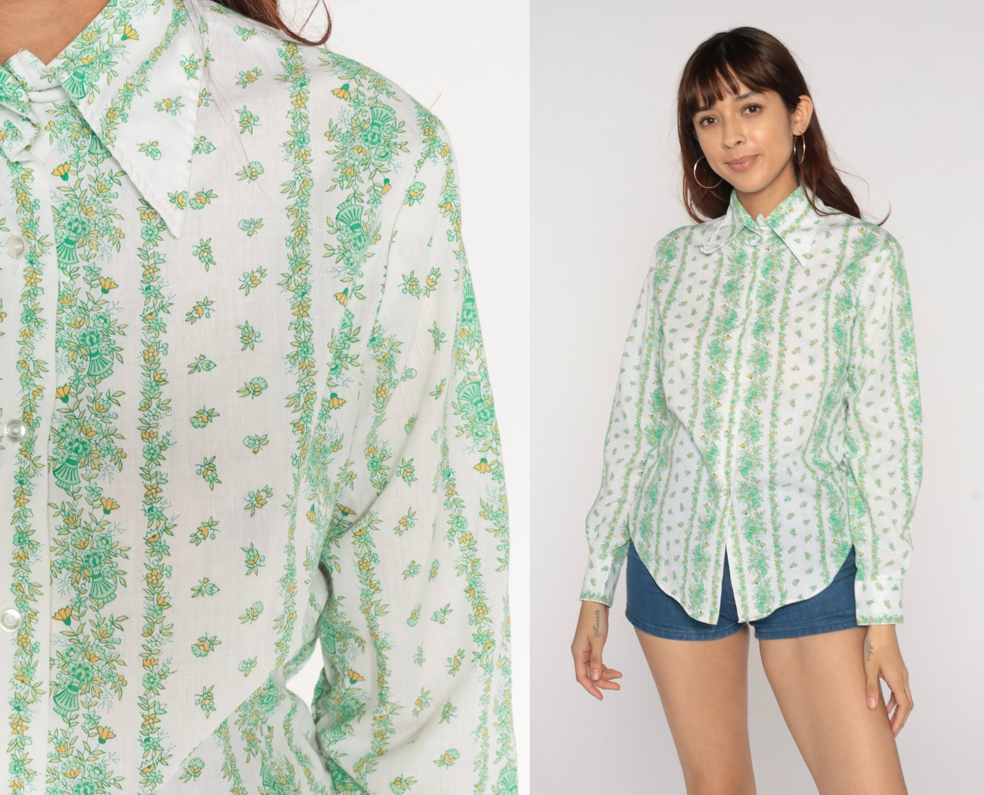 70s Floral Button-Up Shirt White Green Flower Pointed Collar Long Sleeve Medium