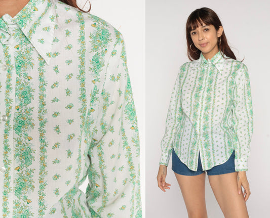 70s Floral Button-Up Shirt White Green Flower Pointed Collar Long Sleeve Medium