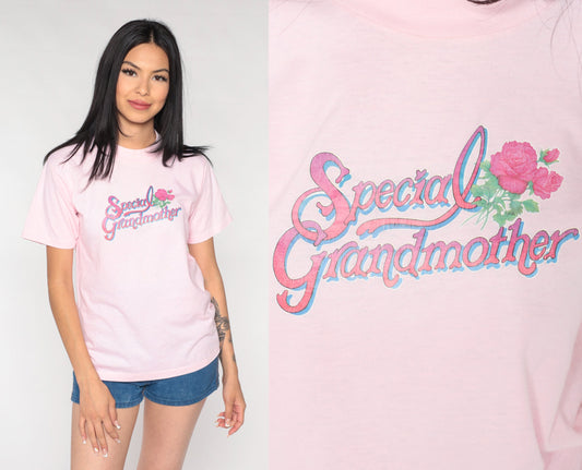 90s Special Grandmother Graphic T-Shirt Baby Pink Floral Small
