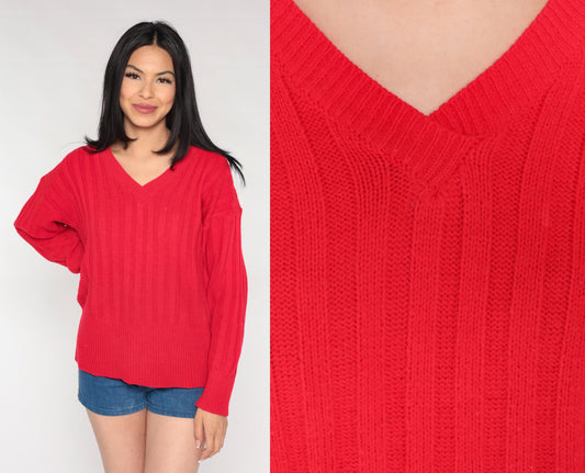 80s Red Acrylic Knit V-Neck Pullover Sweater Large