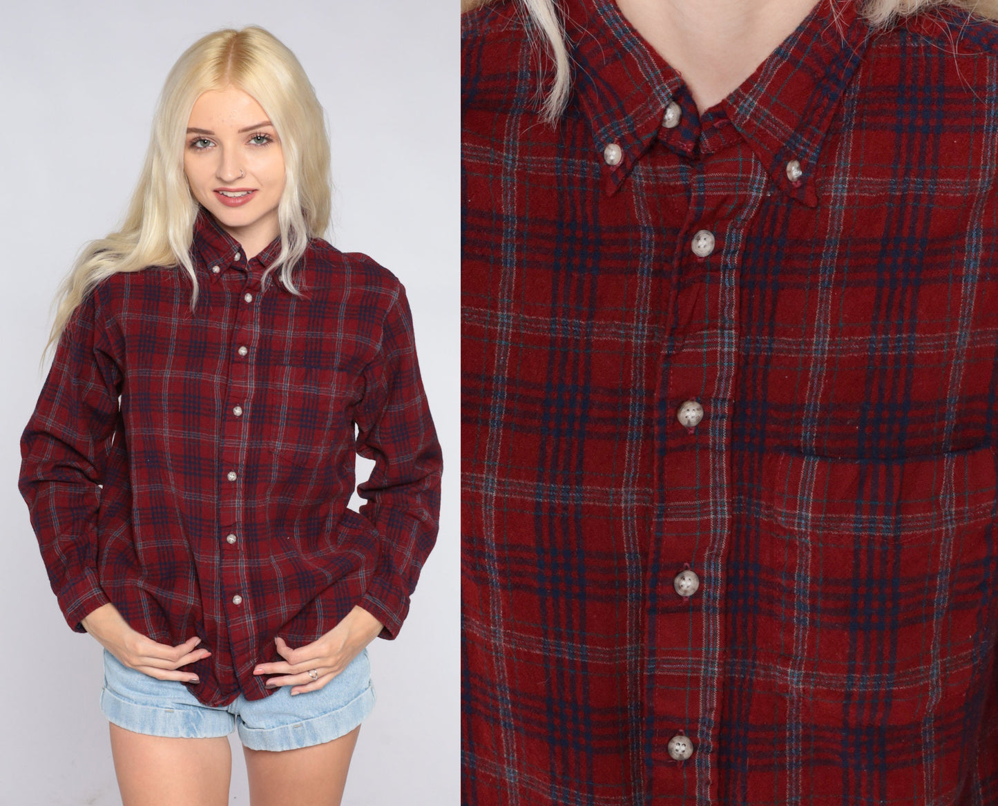 Y2K Red Plaid Flannel Button-Up Shirt Long Sleeve Small S