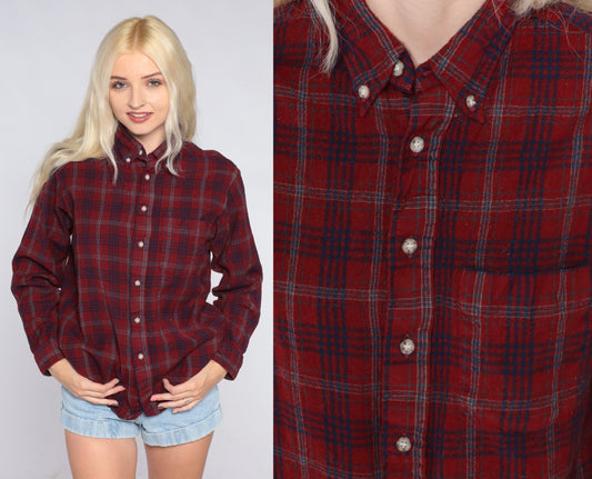 Y2K Red Plaid Flannel Button-Up Shirt Long Sleeve Small S