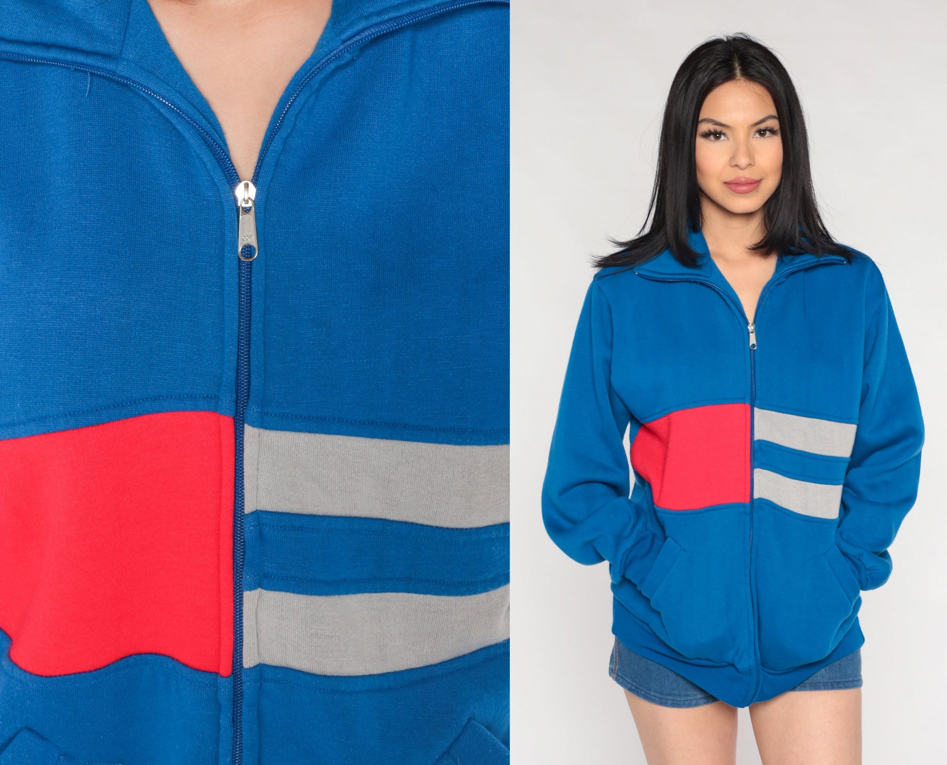 80s Royal Blue Track Jacket Red Grey Striped Zip Sweatshirt Medium