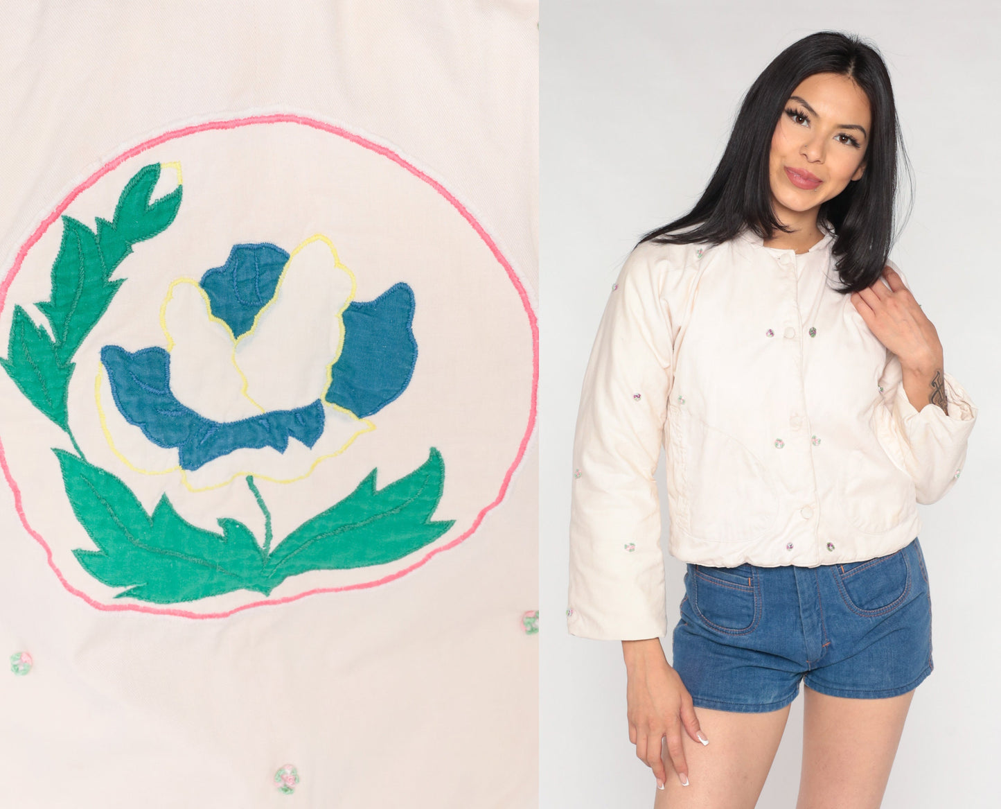 80s Quilted Floral Appliqué Cropped Jacket Off-White Mandarin Collar Extra Small