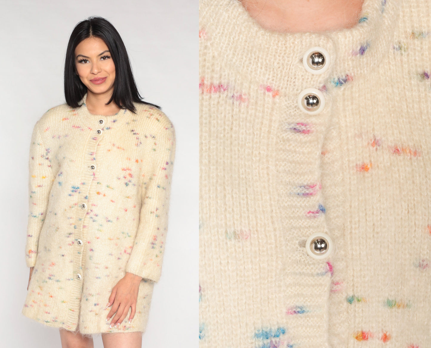 80s Cream Mohair Cardigan Sweater Rainbow Flecks Long Button-Up Medium