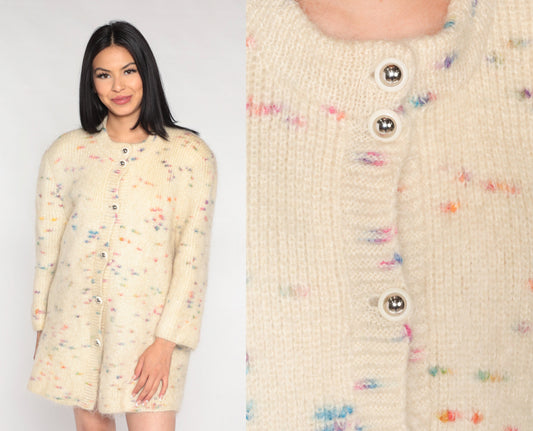 80s Cream Mohair Cardigan Sweater Rainbow Flecks Long Button-Up Medium