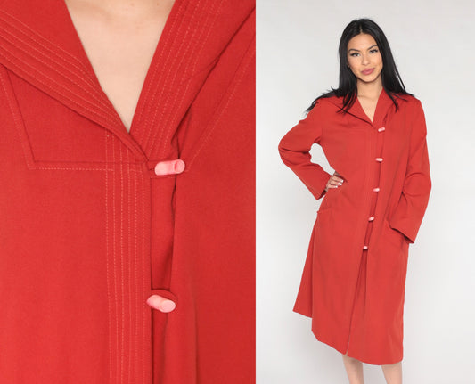 70s Rust Red Hooded Jacket Toggle Button Long Coat Medium