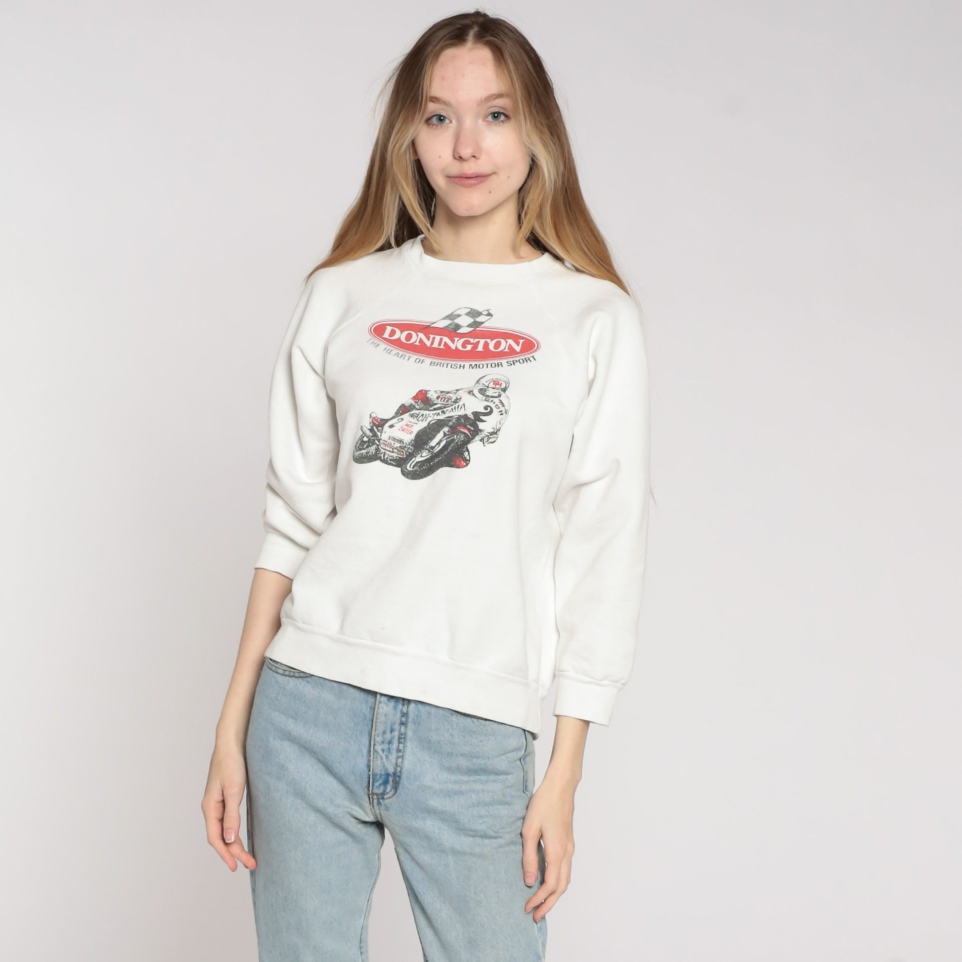 90s Donington Park Motorcycle Racing Sweatshirt White Graphic Crewneck Medium