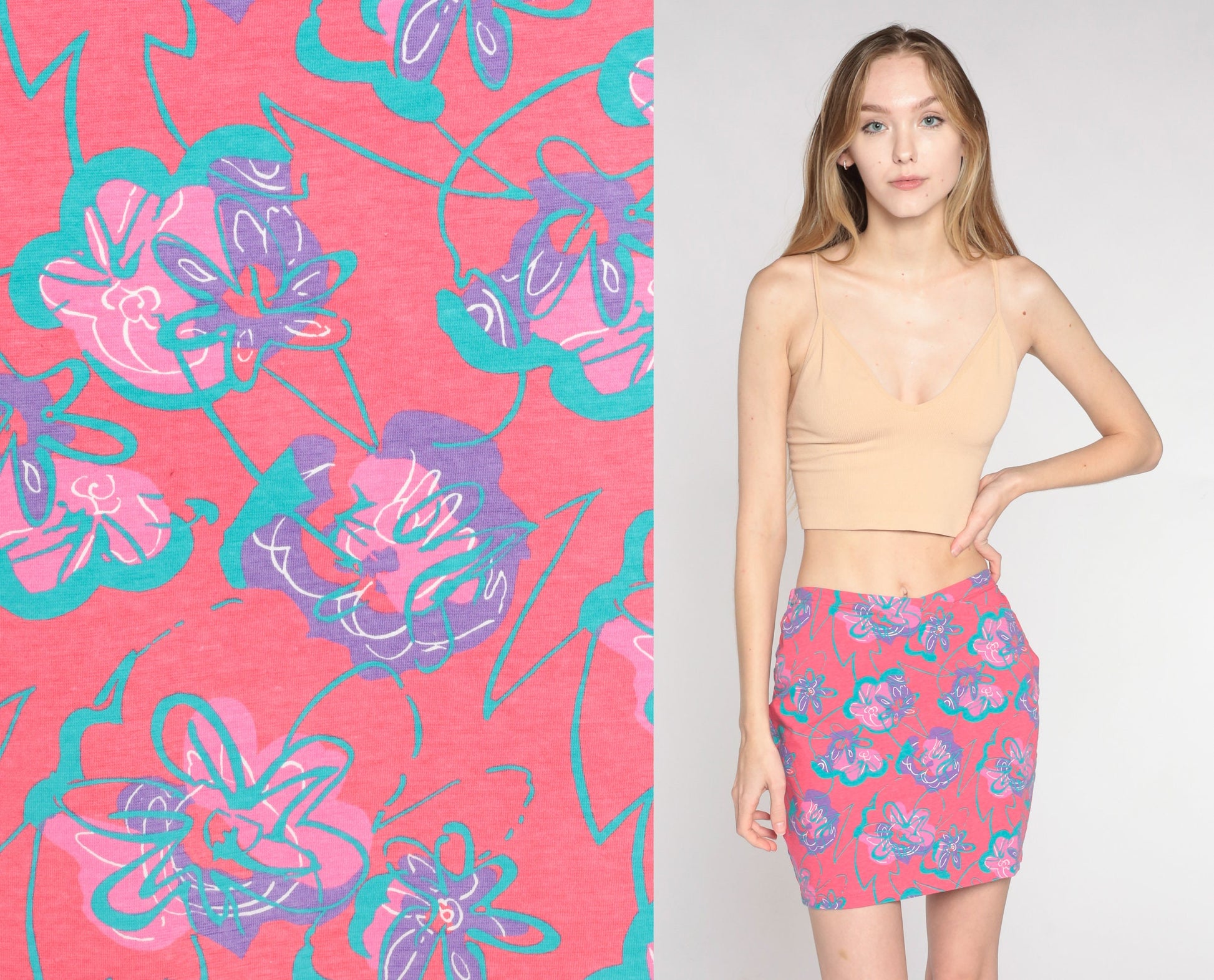 00s Ocean Pacific Floral Mini Skirt Pink High Waist Fitted Medium M