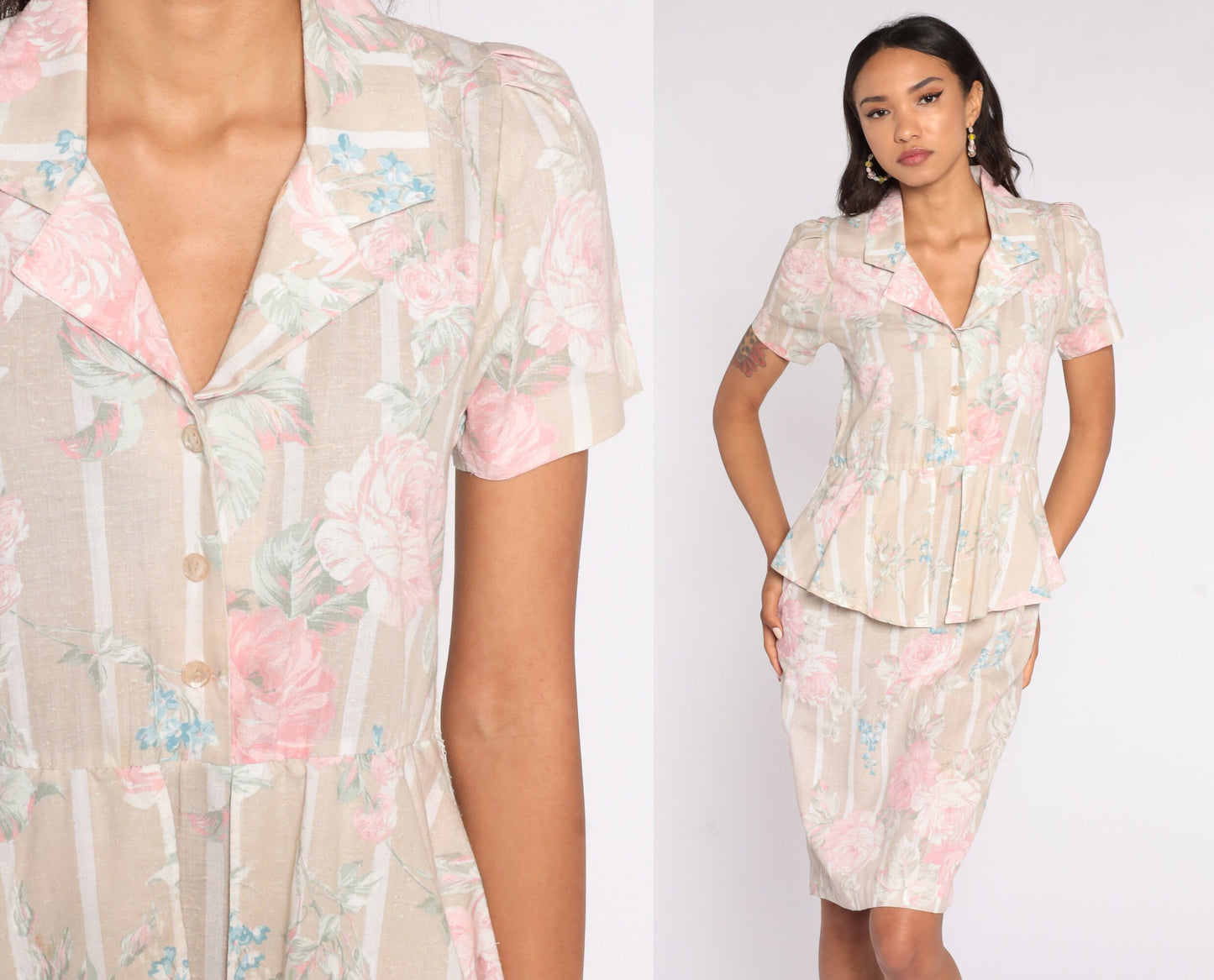 80s Floral Midi Shirtdress Beige Pink Peplum High Waist Button Up Small