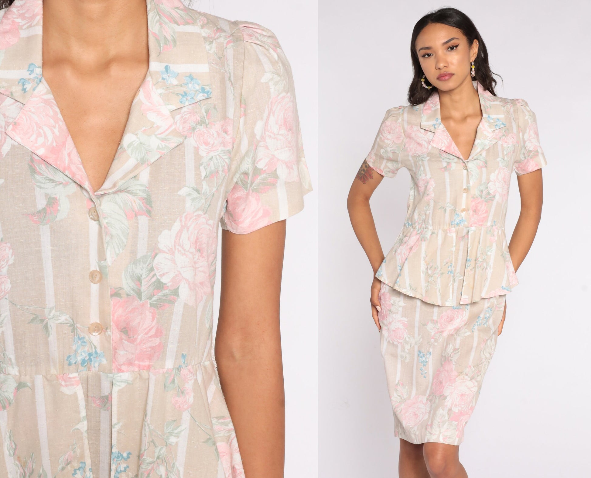 80s Floral Midi Shirtdress Beige Pink Peplum High Waist Button Up Small
