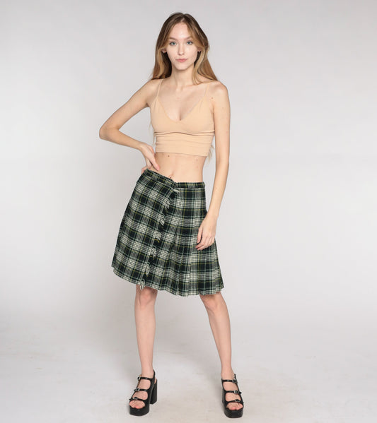 90s Plaid Wool Mini Skirt High Waist Wrap Navy Green White Small