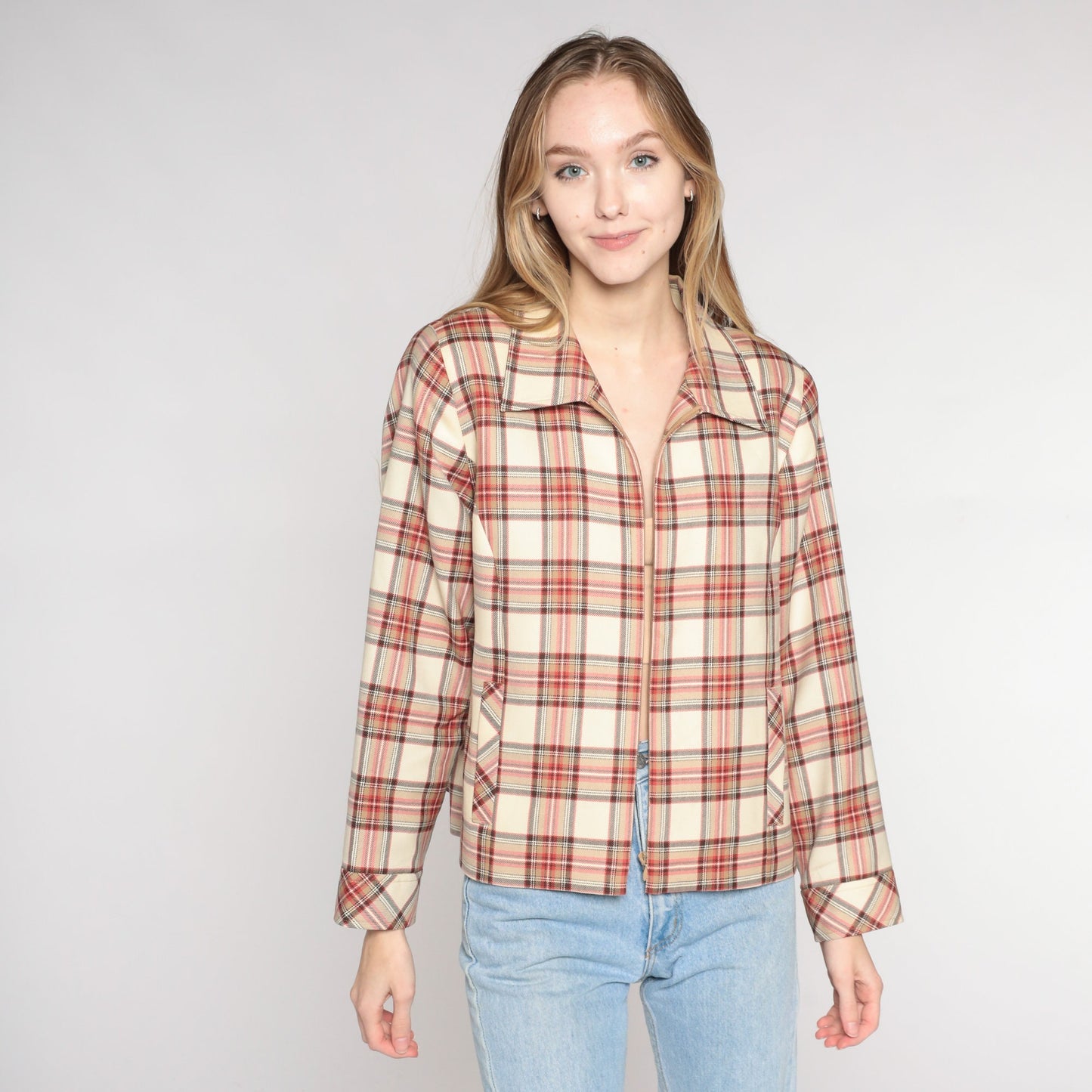 Pendleton Plaid Wool Zip Jacket Cream Red Checkered Collared Coat Large L
