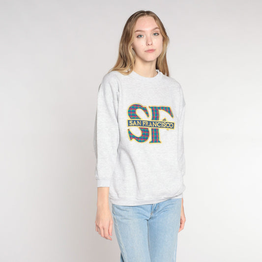 Y2K San Francisco Plaid Sweatshirt Heather Grey 3/4 Sleeve Crewneck Medium Large