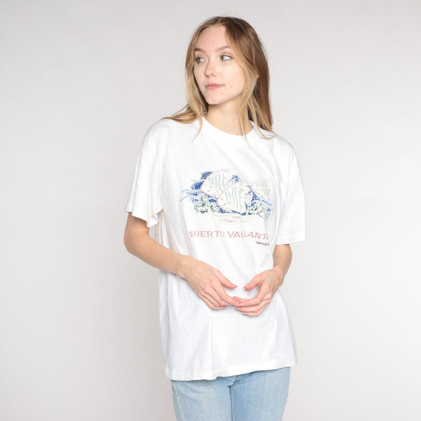 Y2K Puerto Vallarta Tropical Fish Graphic T-Shirt White Cotton Large L