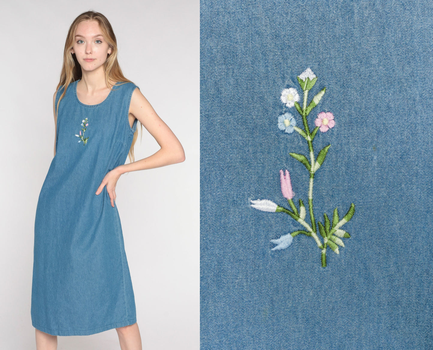 00s Blue Denim Midi Dress Floral Embroidered Sleeveless Jumper Small Medium