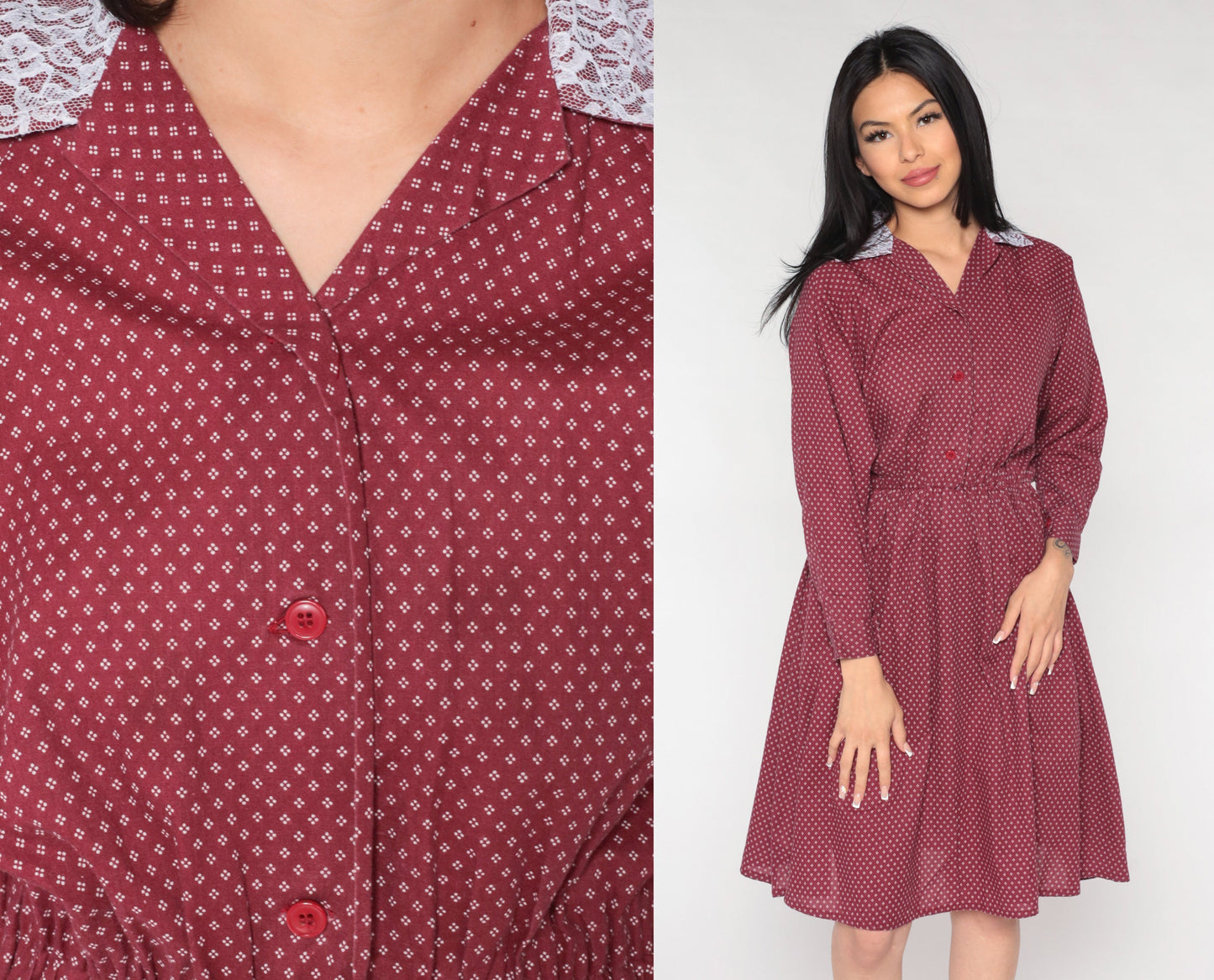 80s Burgundy Midi Shirtdress Lace Collar Geometric Button-Up Small Medium