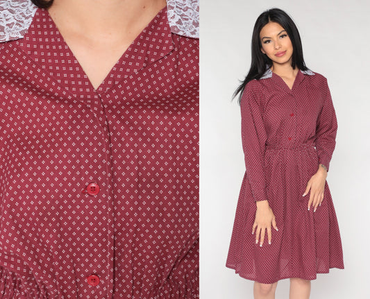 80s Burgundy Midi Shirtdress Lace Collar Geometric Button-Up Small Medium
