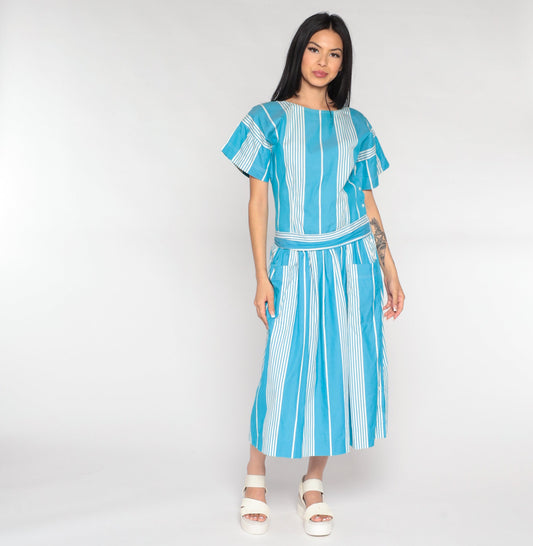 80s Nicole Miller Striped Midi Dress Drop Waist Blue White Cotton Medium 8