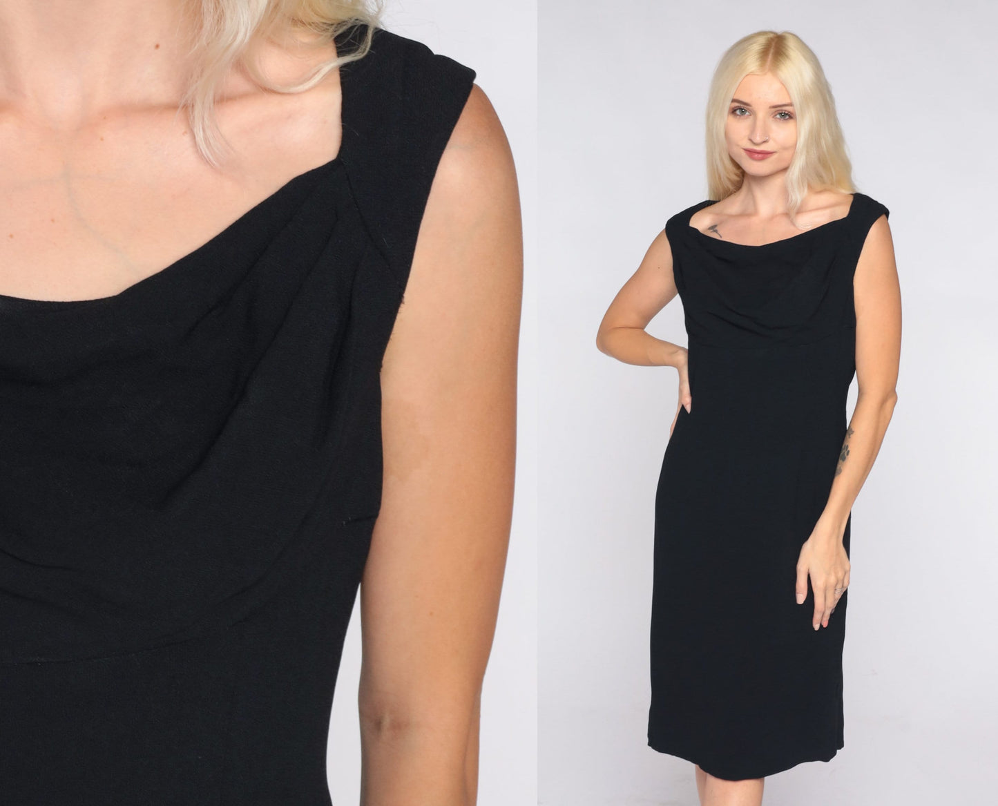 60s Black Shift Mini Dress Sleeveless Cowl Neck Small S
