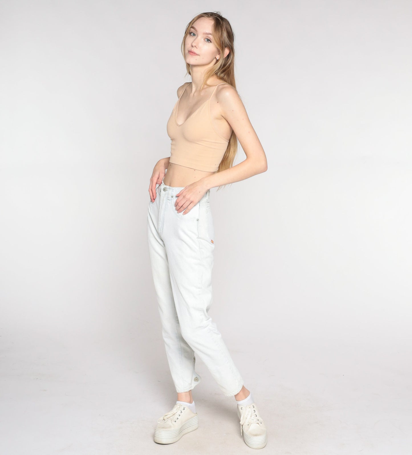 90s Jordache High Waisted Mom Jeans Pale Blue Stone Wash Heart Snap Ankle Extra Small
