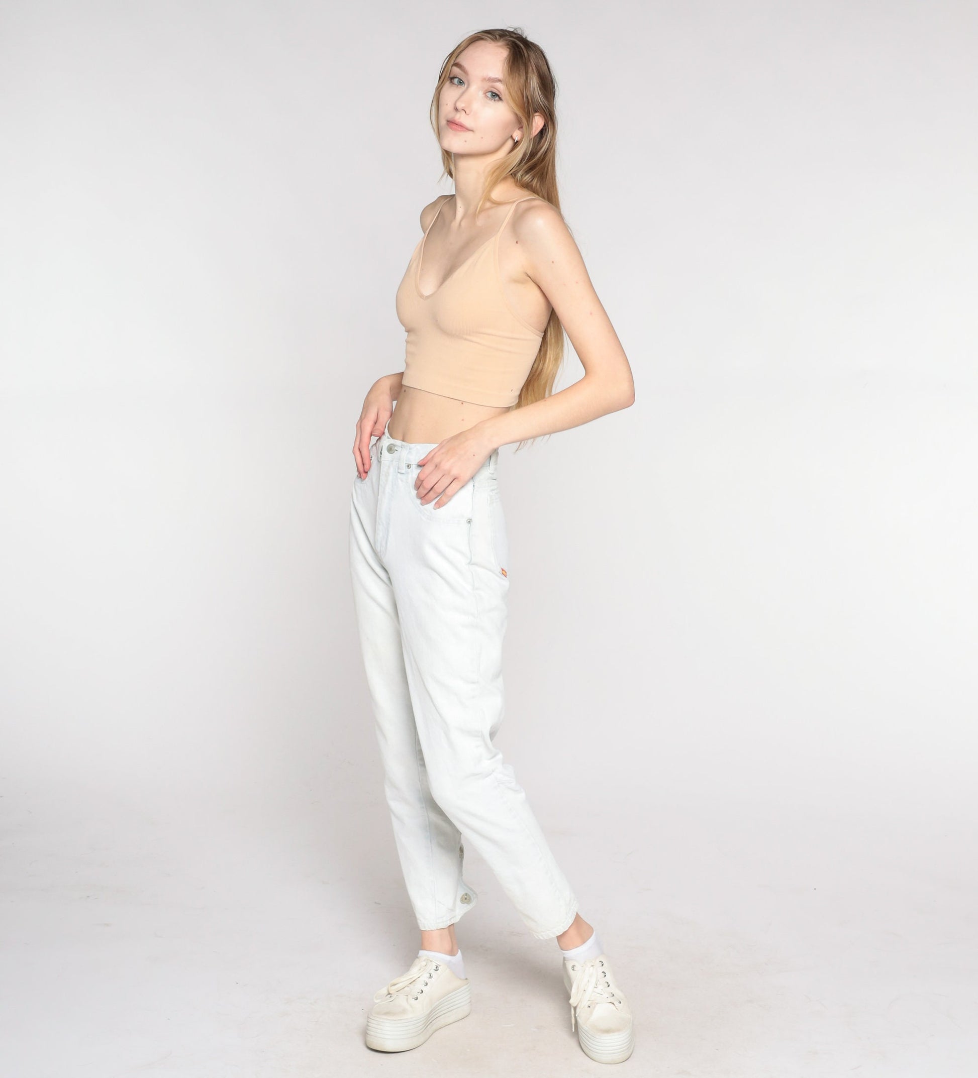 90s Jordache High Waisted Mom Jeans Pale Blue Stone Wash Heart Snap Ankle Extra Small