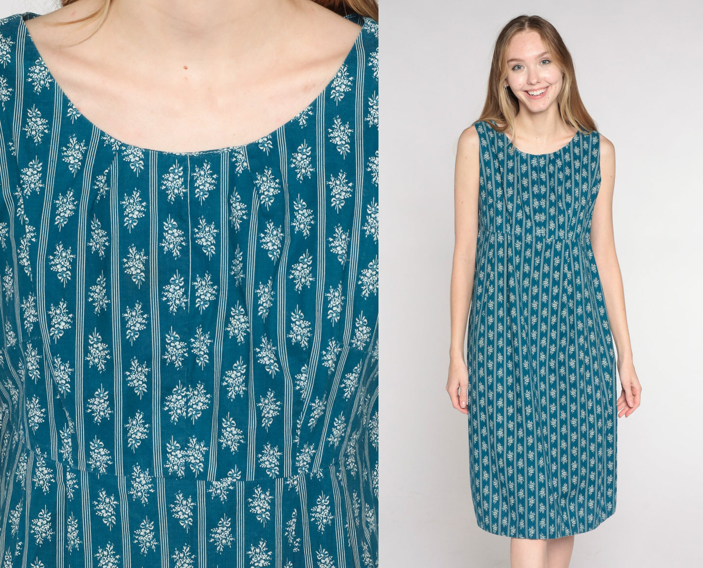 1960s Blue Floral Striped Midi Dress Empire Waist Sleeveless Shift Medium
