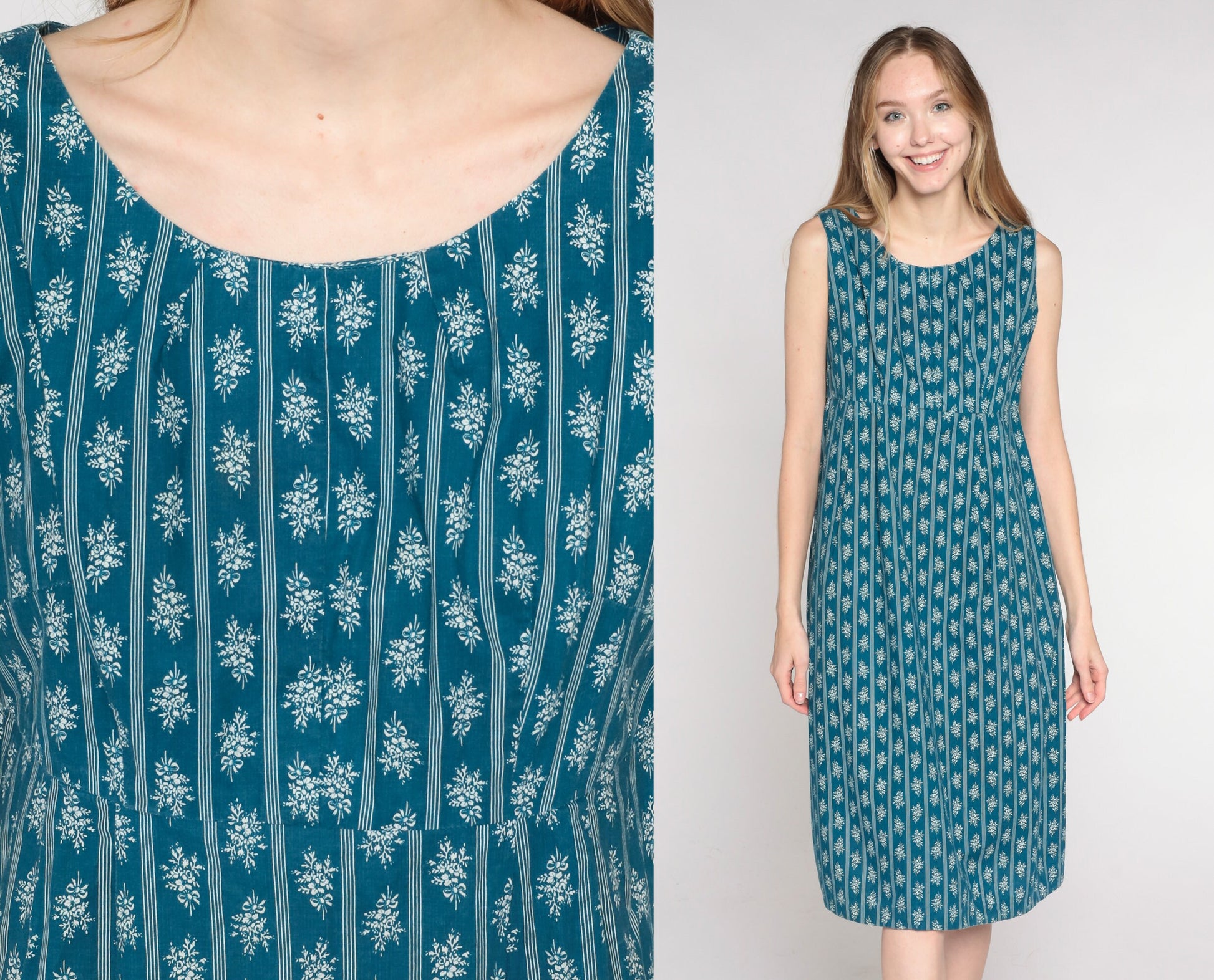 1960s Blue Floral Striped Midi Dress Empire Waist Sleeveless Shift Medium