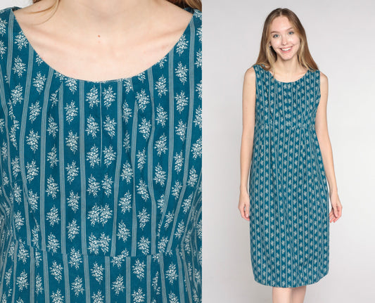 1960s Blue Floral Striped Midi Dress Empire Waist Sleeveless Shift Medium
