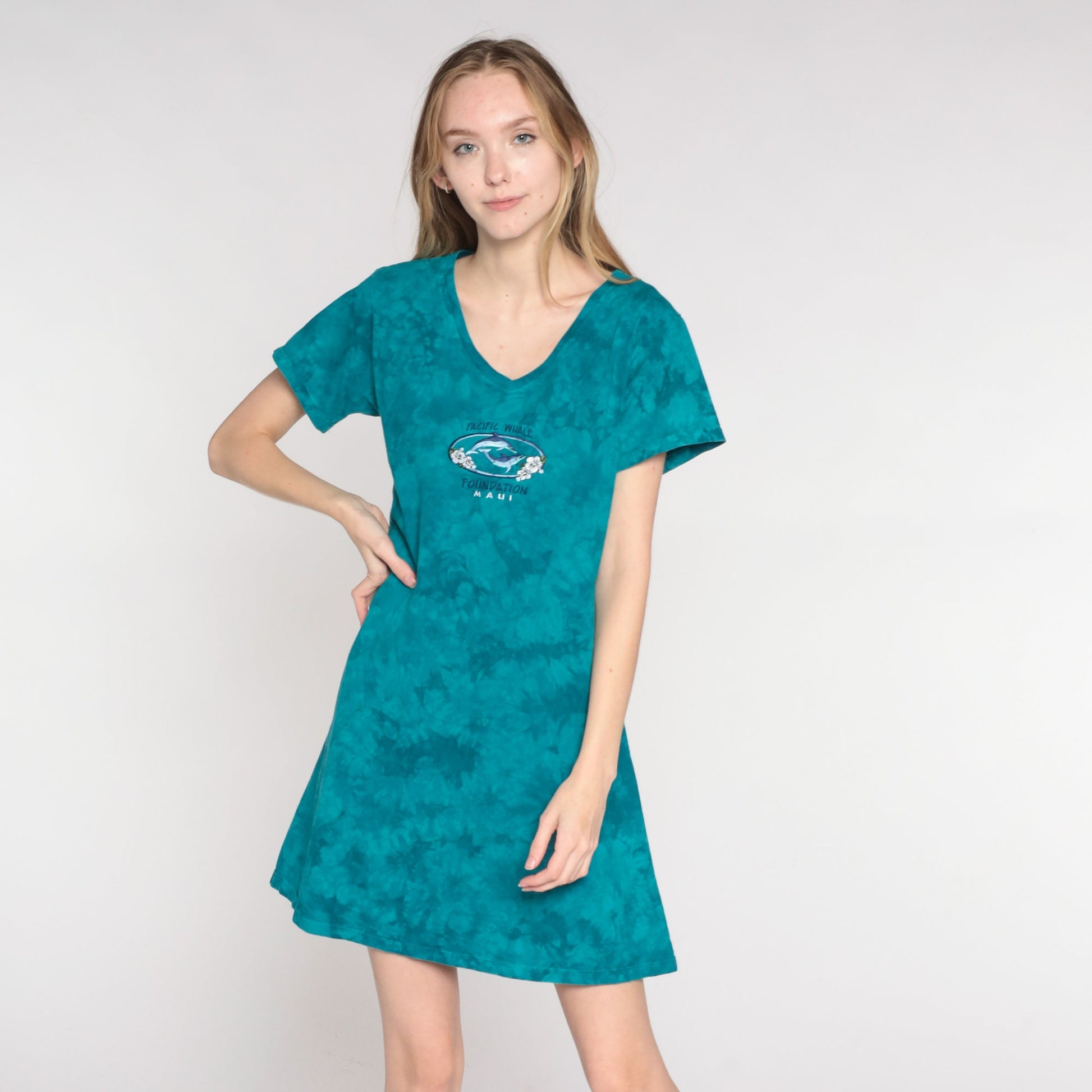 Y2K Tie Dye Pacific Whale Foundation Maui Mini Dress Blue-Green Cotton Medium