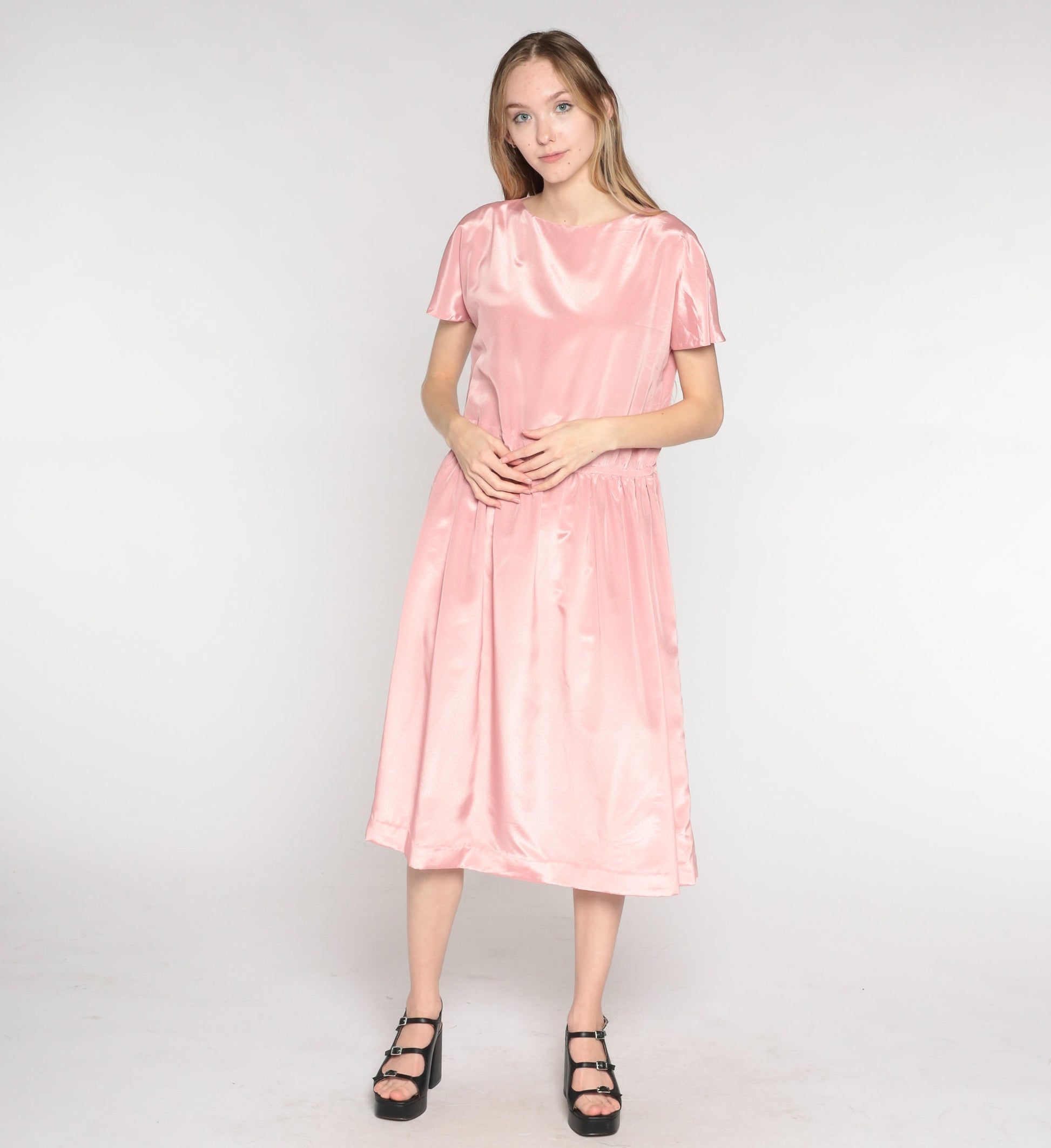 80s Pink Midi Dress Flutter Sleeve Blouson Bodice Keyhole Back Medium