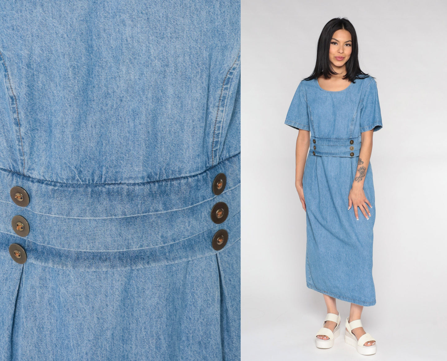 90s Fore Warned Denim Maxi Dress Blue Princess Seam Short Sleeve Large 14