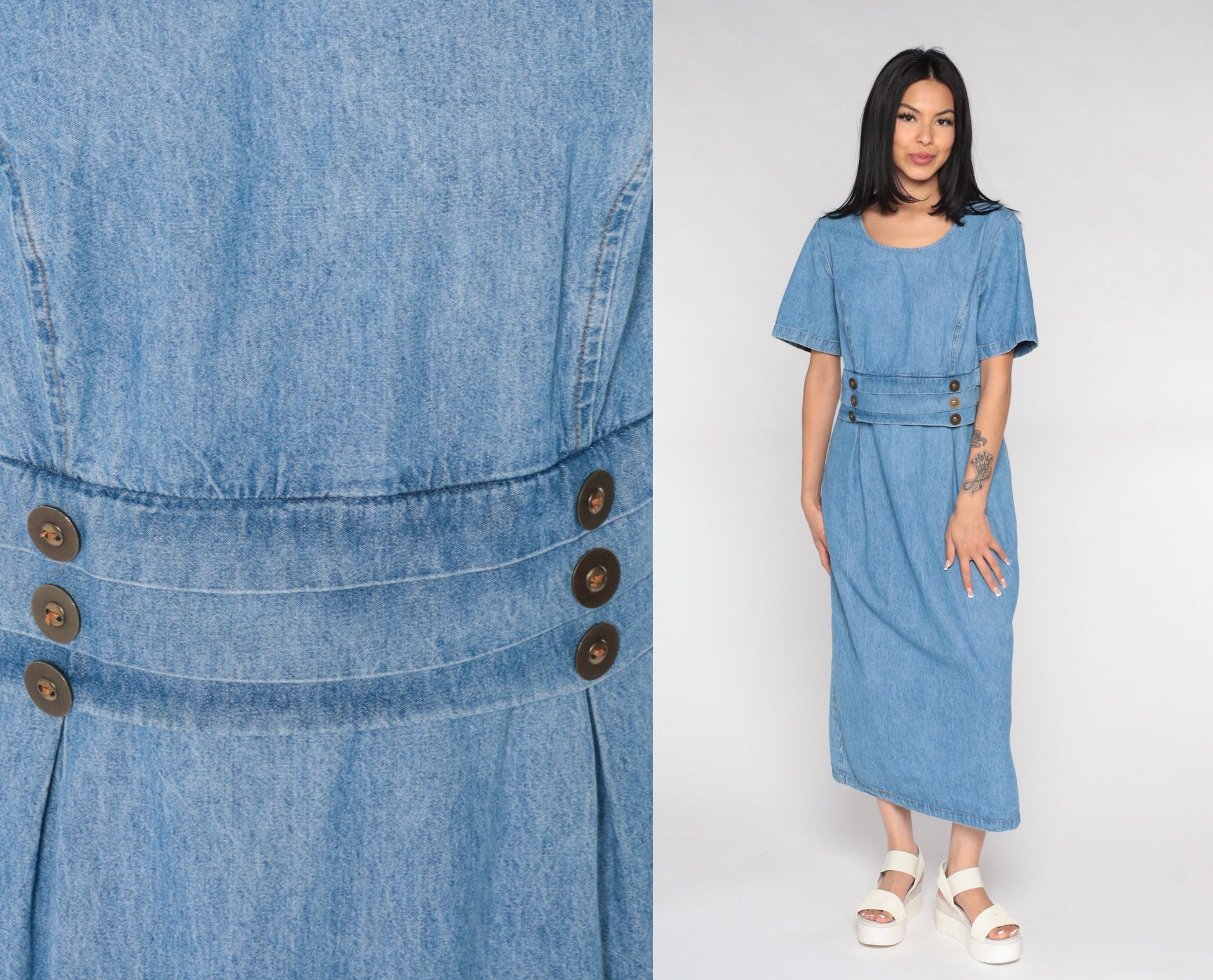 90s Fore Warned Denim Maxi Dress Blue Princess Seam Short Sleeve Large 14