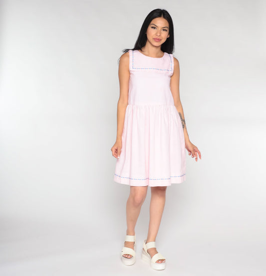 60s Sailor Collar Mini Dress Baby Pink High Waist Cotton Blend Extra Small