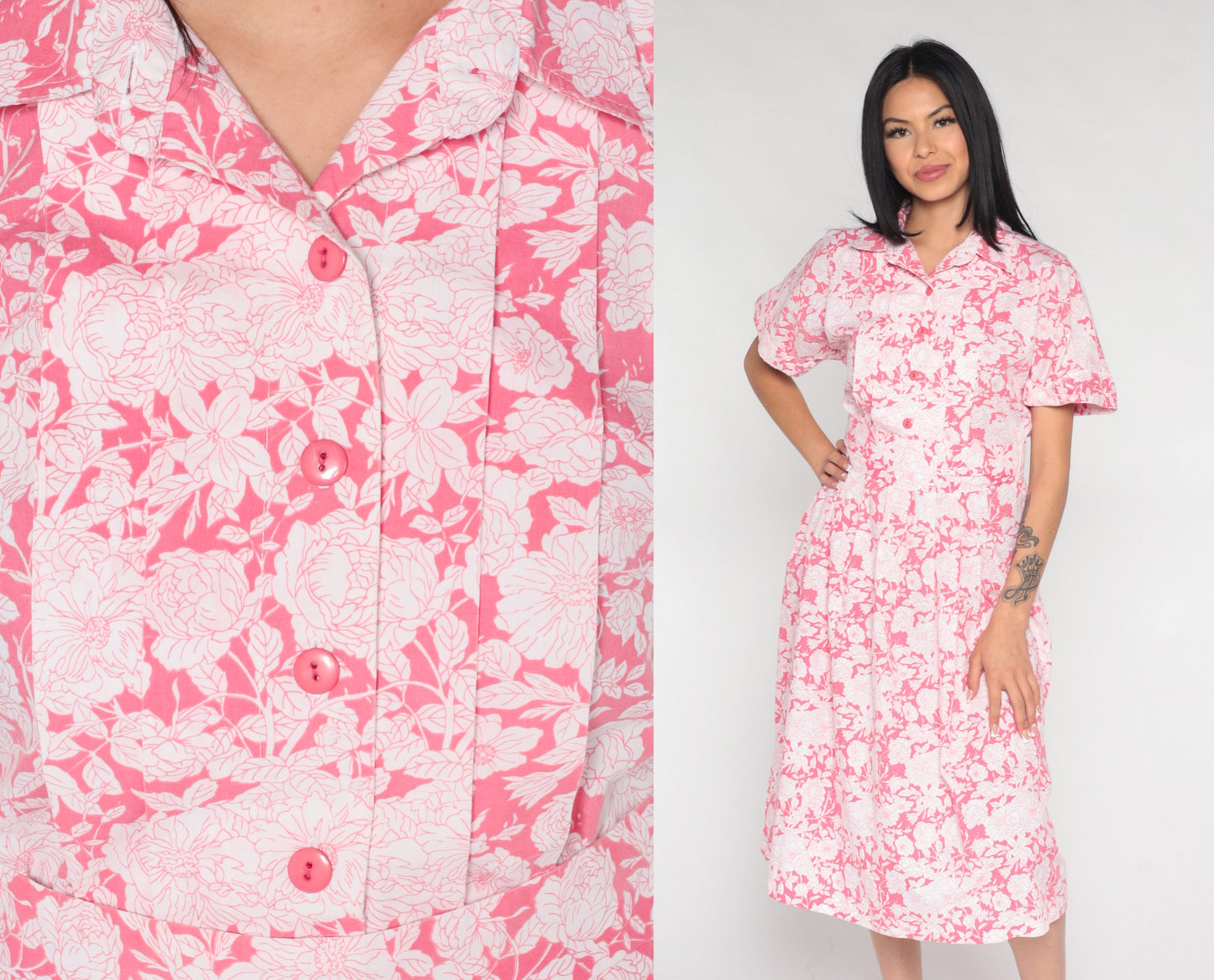90s Floral Midi Dress Pink White Button-Up Short Sleeve Medium 8