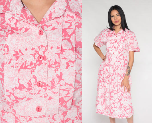 90s Floral Midi Dress Pink White Button-Up Short Sleeve Medium 8
