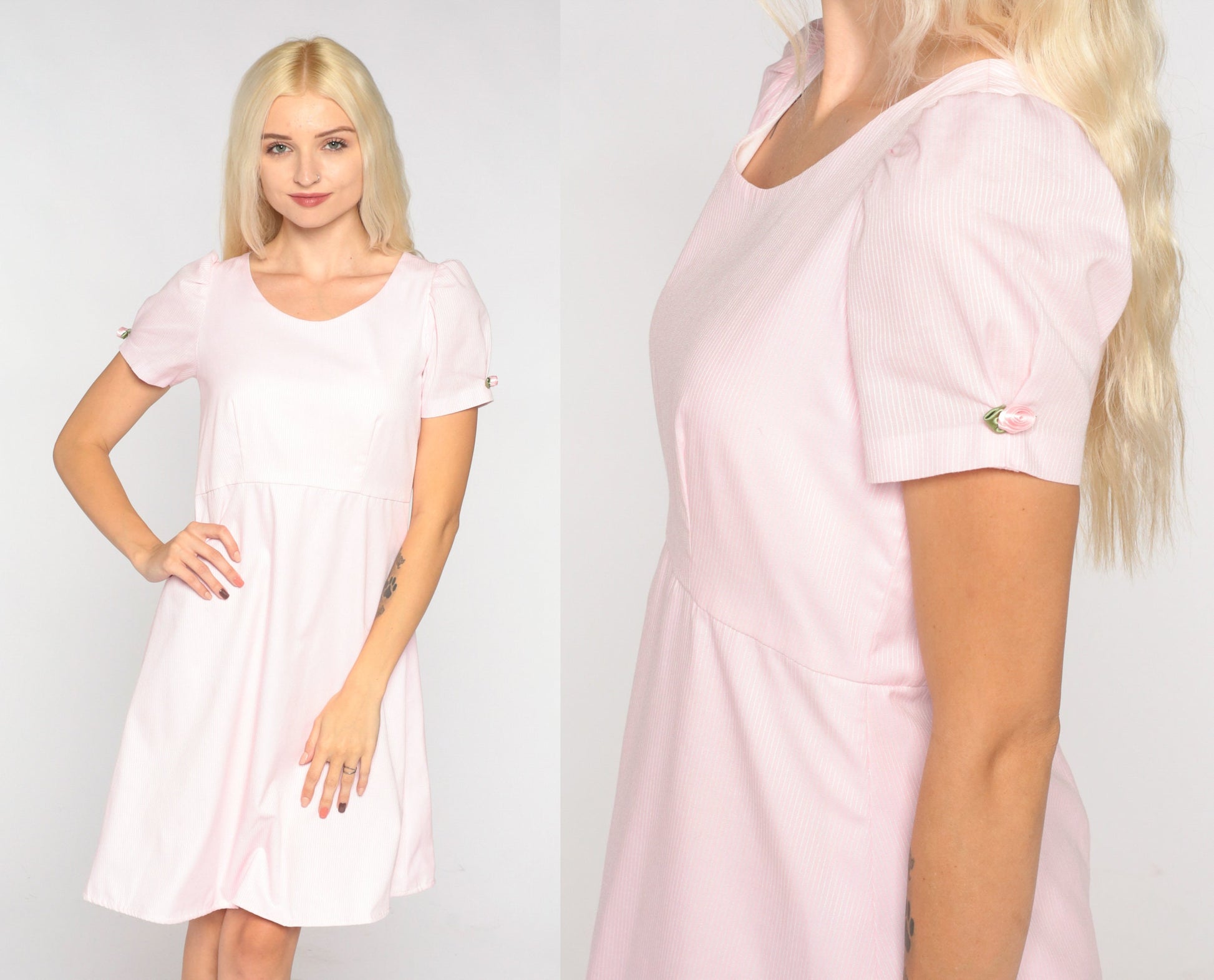 80s Baby Pink Mini Dress Empire Waist Puff Sleeve Rosette Extra Small