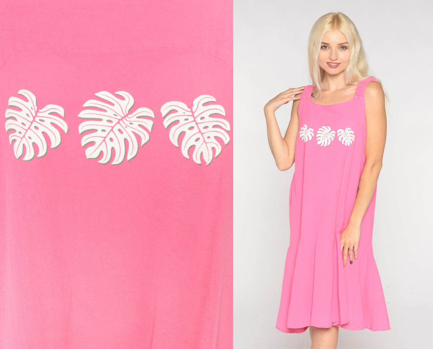 Y2K Pink Tropical Leaf Tank Dress Knee-Length Cotton Medium M
